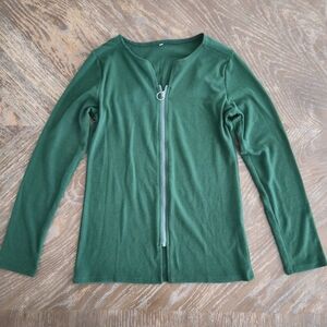 Forest Green Zip Front Cardigan Sweater Soft Stretch Knit Long Sleeve Size S
